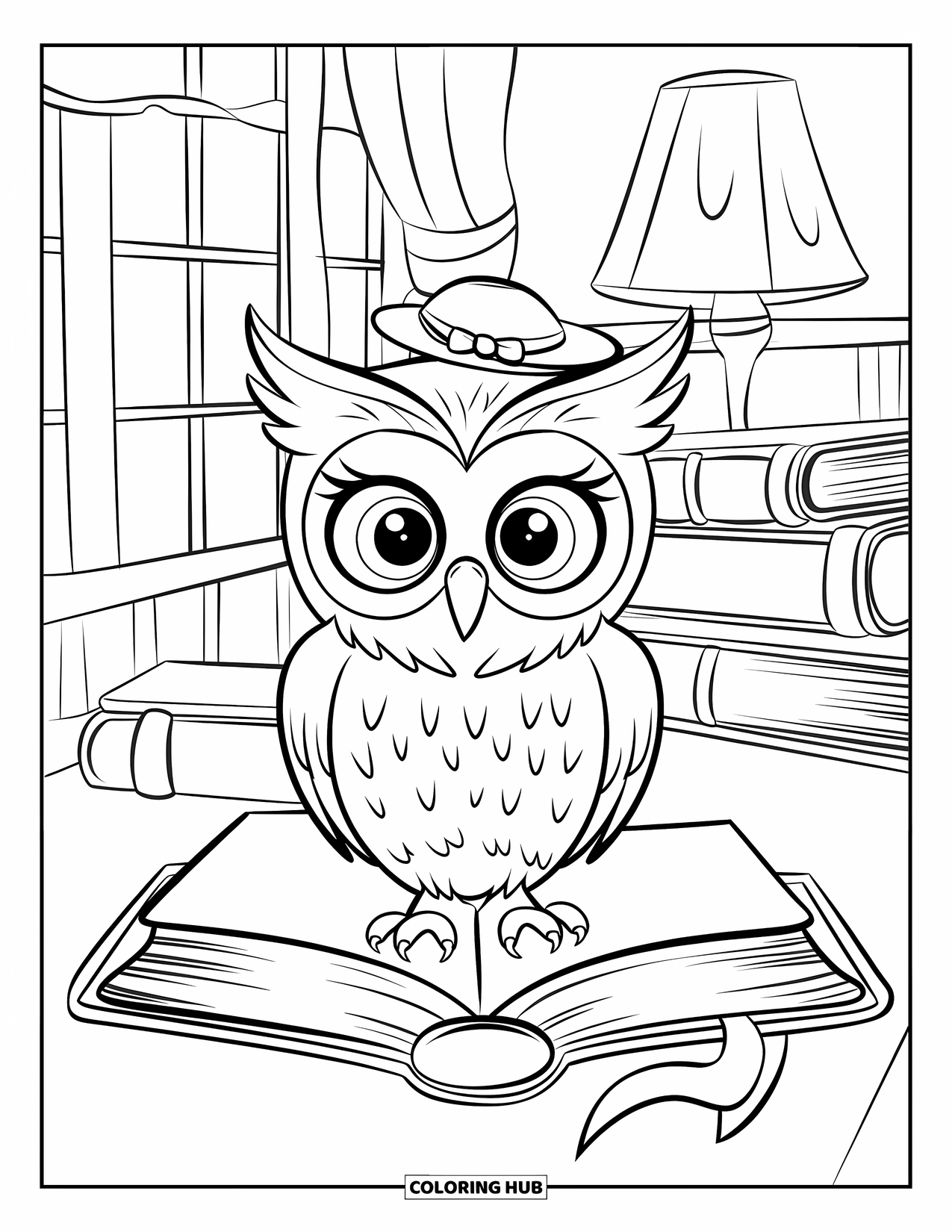 Library Coloring Page for Kids: An owl with big eyes and a hat perches on a book in a cozy room