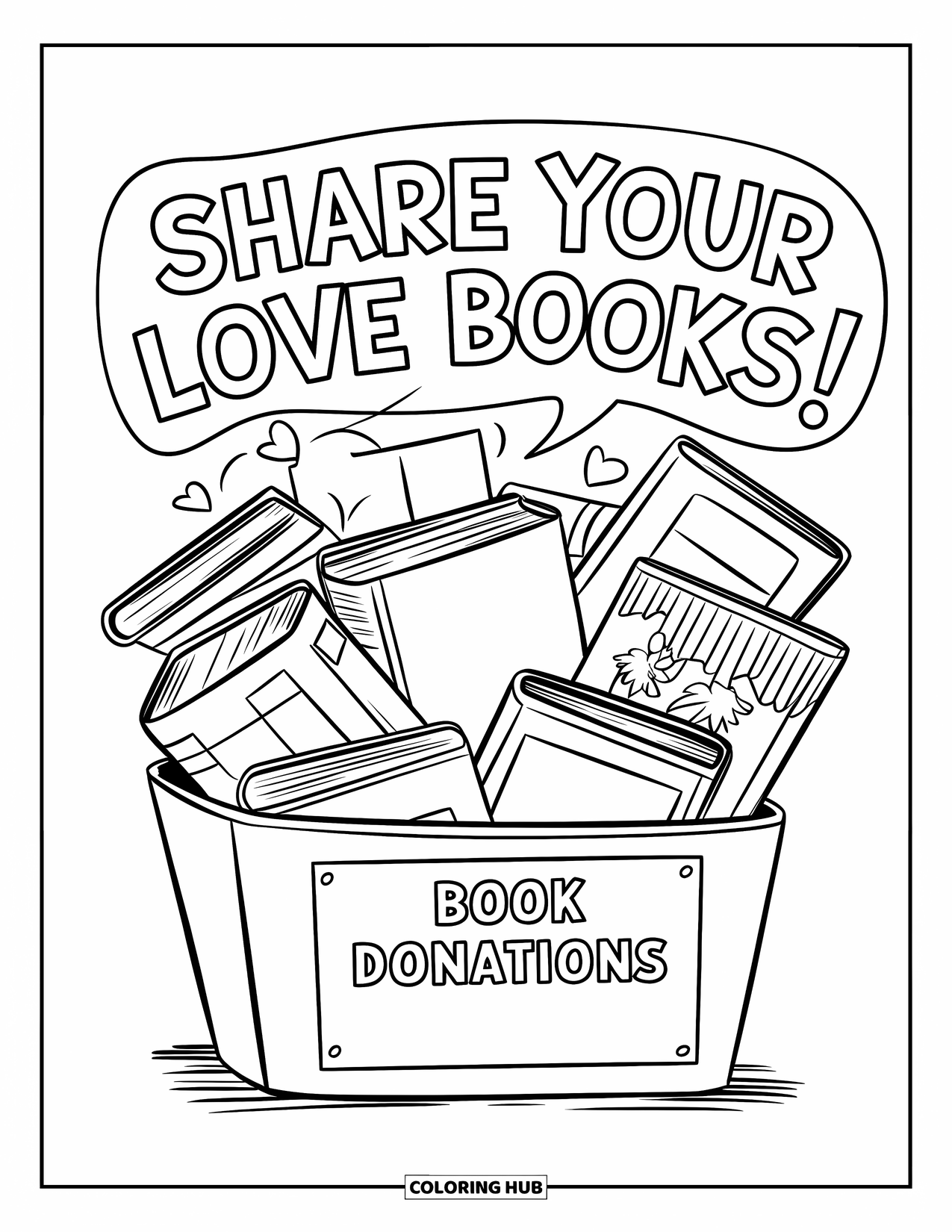 Library Coloring Page for Kids: Books spill from a donation box with a cheerful message: ìShare your love for books!î