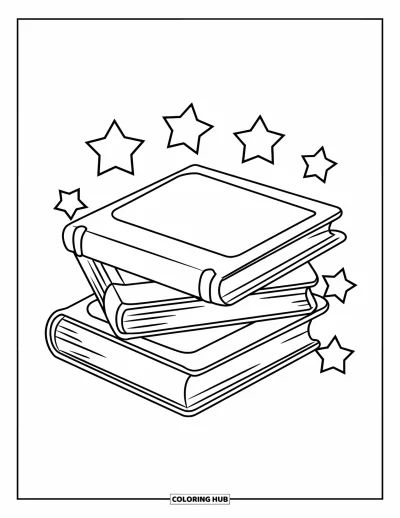 Library Coloring Page for Kids: Three books stacked together with stars twinkling around them
