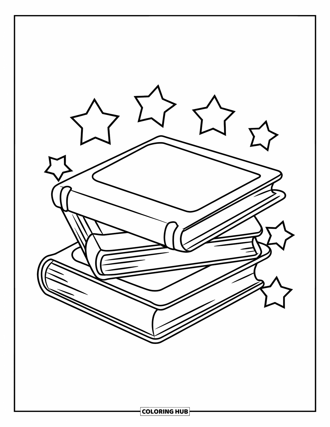 Library Coloring Page for Kids: Three books stacked together with stars twinkling around them