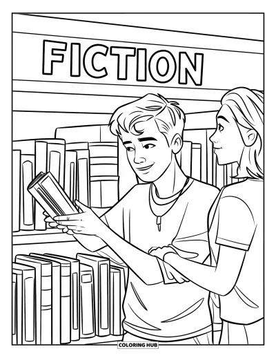 Library Coloring Page for Kids: Two teens chat about a book in front of a full fiction shelf