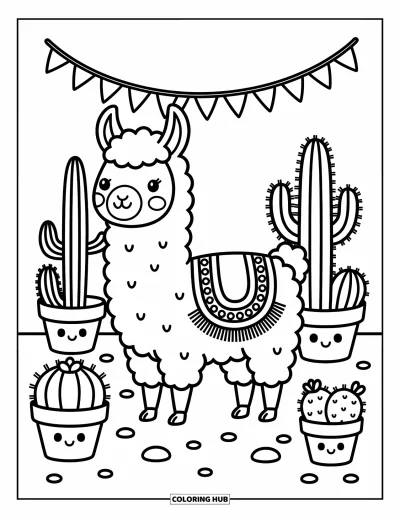 Coloriage de lama pour adultes : Un lama serein en couverture à motifs se tient dans un jardin désertique plein de cactus amicaux