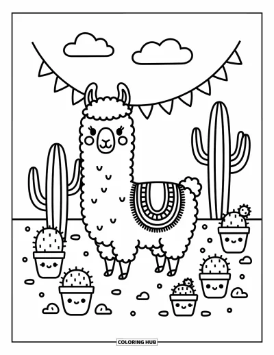 Coloriage de lama pour adultes : Un lama tranquille se repose dans un jardin de cactus avec des décorations fantaisistes et de joyeux pots de cactus