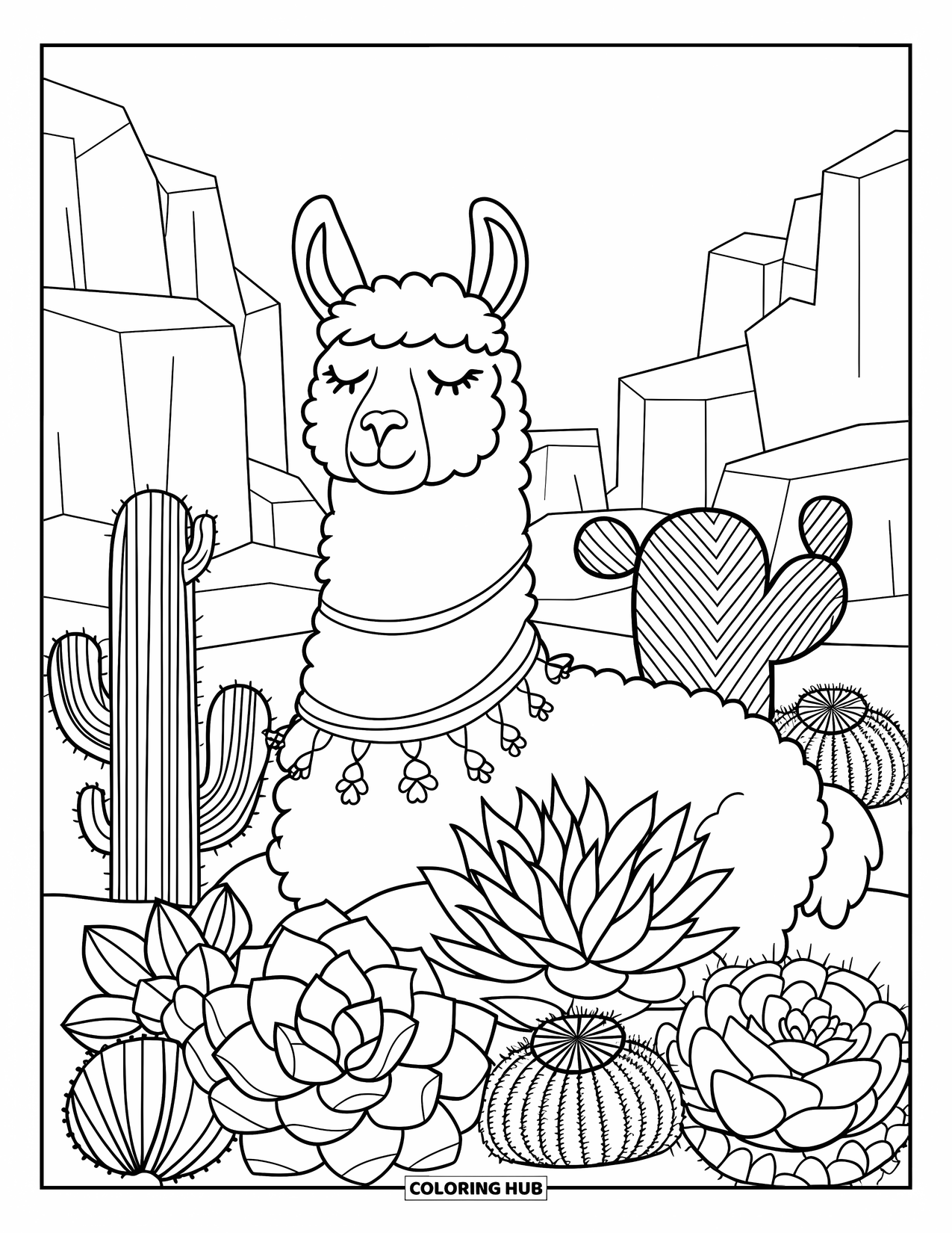 Llama Coloring Page for Adults: A cozy llama with eyes closed rests among detailed succulents and cacti