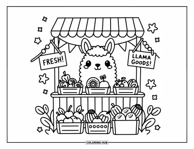 Coloriage de lama pour adultes : Un lama curieux passe la tête derrière un étal de marché rempli de produits frais et de fleurs