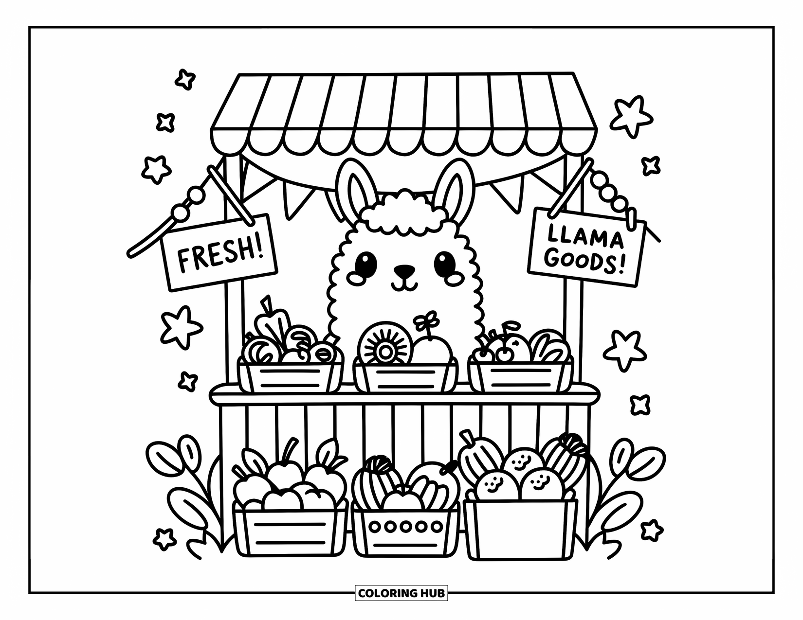 Llama Coloring Page for Adults: A curious llama peeks out from behind a market stall full of fresh produce and flowers