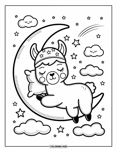 Coloriage de lama pour adultes : Un lama rêveur se repose sur un croissant de lune parmi des nuages, des étoiles et un ciel apaisé