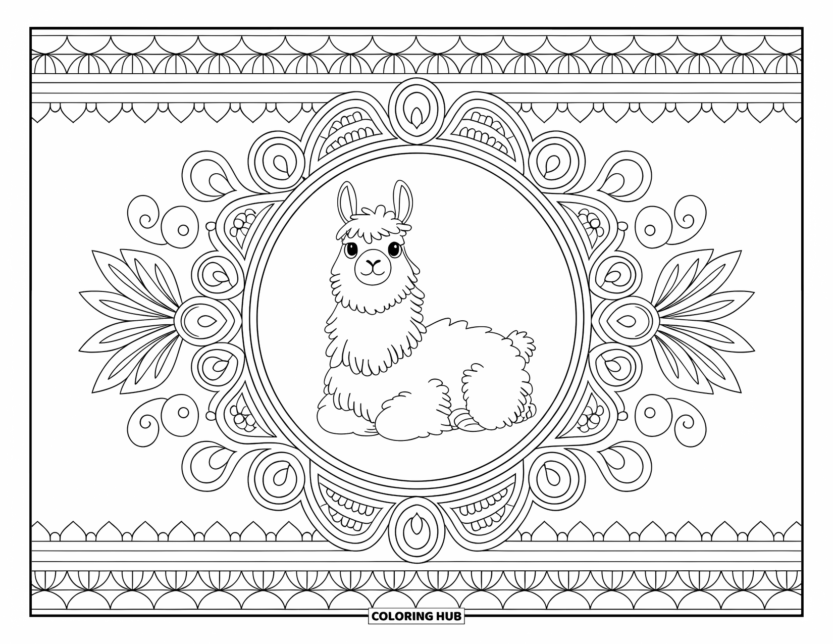 Llama Coloring Page for Adults: A fluffy llama sits inside a floral frame filled with intricate, Andes-inspired patterns