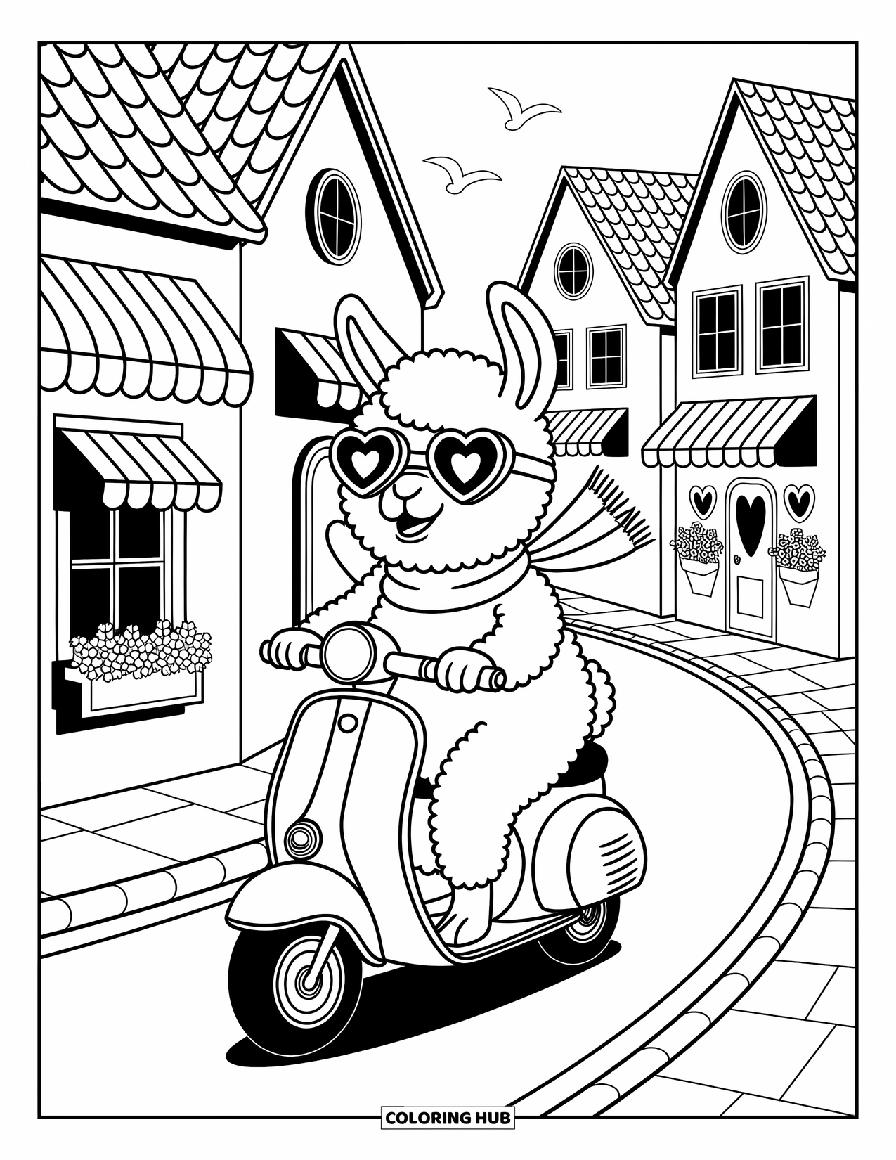 Llama Coloring Page for Adults: A happy llama rides a scooter through a quaint town with cute shops and bird friends