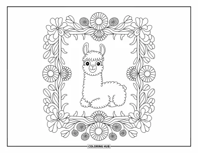 Coloriage de lama pour adultes : Un lama joyeux est assis dans un cadre de fleurs et de plantes aux motifs artistiques
