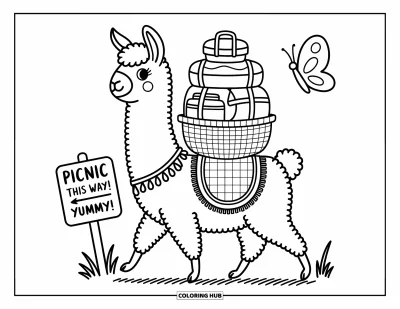 Coloriage de lama pour adultes : Un lama heureux se promène avec un chargement de pique-nique et un papillon espiègle à ses côtés