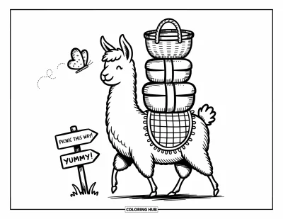 Coloriage de lama pour adultes : Un lama enthousiaste marche avec des provisions pour un pique-nique, guidé par un adorable petit panneau