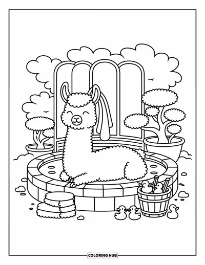 Coloriage de lama pour adultes : Un lama se détend dans une source en pierre avec de la vapeur, des bonzaïs et un seau de petits canards