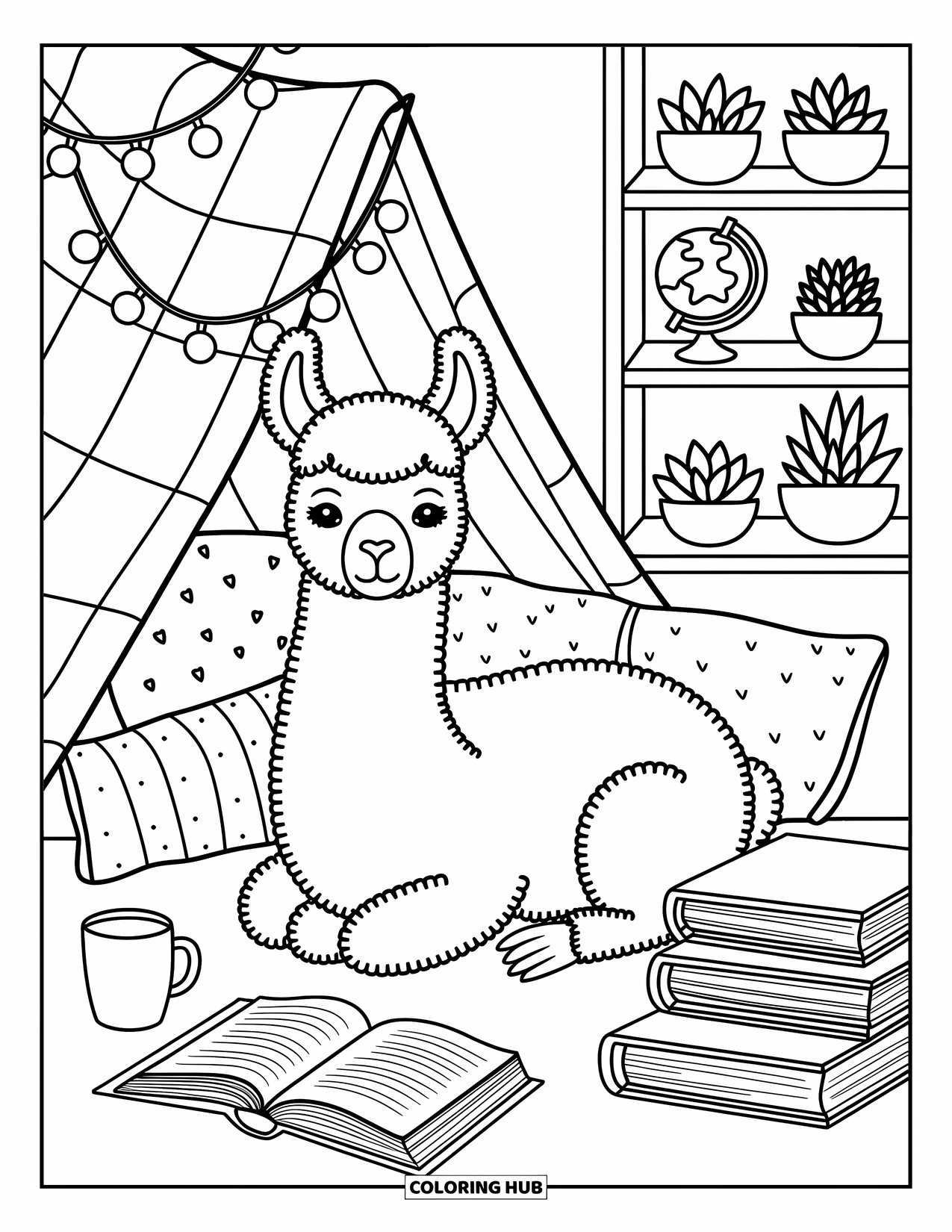 Llama Coloring Page for Adults: A llama curls up among pillows and books inside a glowing, bookish blanket fort