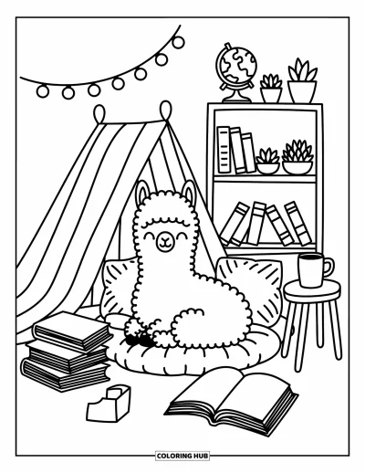 Coloriage de lama pour adultes : Un lama se love dans un coin lecture entouré de livres, de coussins et de guirlandes lumineuses