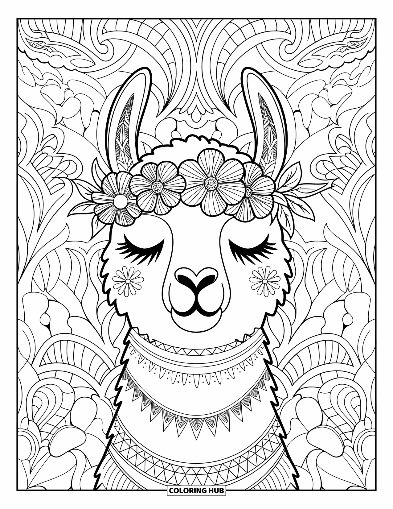 Llama Coloring Page for Adults: A llama in a floral headband closes its eyes among tribal and floral designs