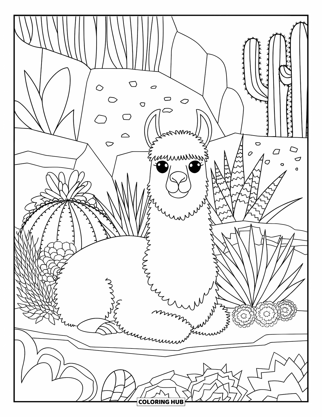 Llama Coloring Page for Adults: A llama leans on a rock, nestled among patterned succulents and spiky cacti