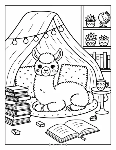 Coloriage de lama pour adultes : Un lama fait la sieste dans un douillet fort de couvertures entouré de livres, de guirlandes lumineuses et de trésors sur une étagère