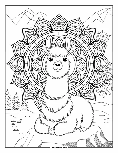 Coloriage de lama pour adultes : Un lama sur un rocher regarde vers l'avant, entouré de mandalas détaillés et de nature