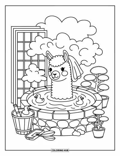 Coloriage de lama pour adultes : Un lama se repose dans une source chaude avec une serviette sur la tête et des petits canards à ses côtés