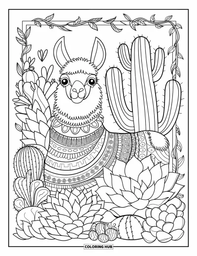 Coloriage de lama pour adultes : Un lama se repose tranquillement parmi de belles succulentes artistiques et une bordure ornée de vignes