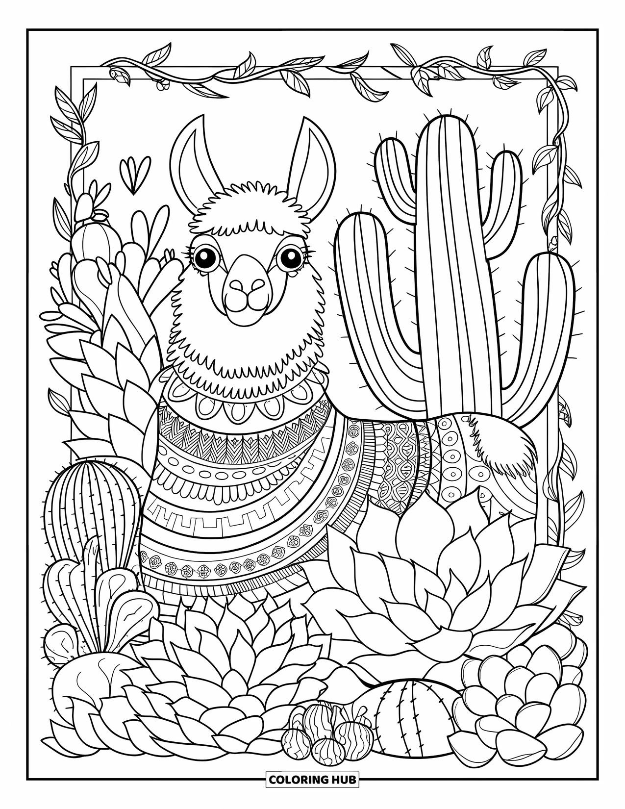Llama Coloring Page for Adults: A llama rests quietly among artistic succulents and a vine-patterned border