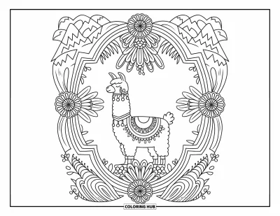 Coloriage de lama pour adultes : Un lama est assis au centre d'une bordure détaillée d'inspiration florale et montagneuse