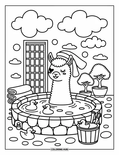 Coloriage de lama pour adultes : Un lama trempe dans une source chaude avec de la vapeur, des bonzaïs et des petits canards en caoutchouc à proximité