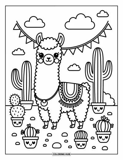 Coloriage de lama pour adultes : Un lama se tient dans un jardin de cactus avec des guirlandes, des galets et de joyeux pots de cactus souriants