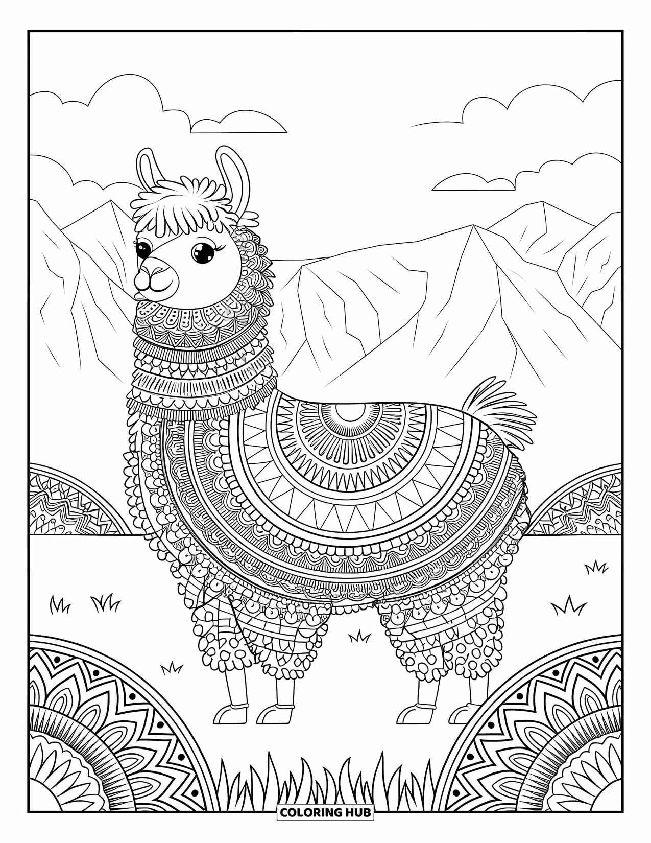 Llama Coloring Page for Adults: A llama stands in a grassy field where mandala patterns cover land, sky, and fur