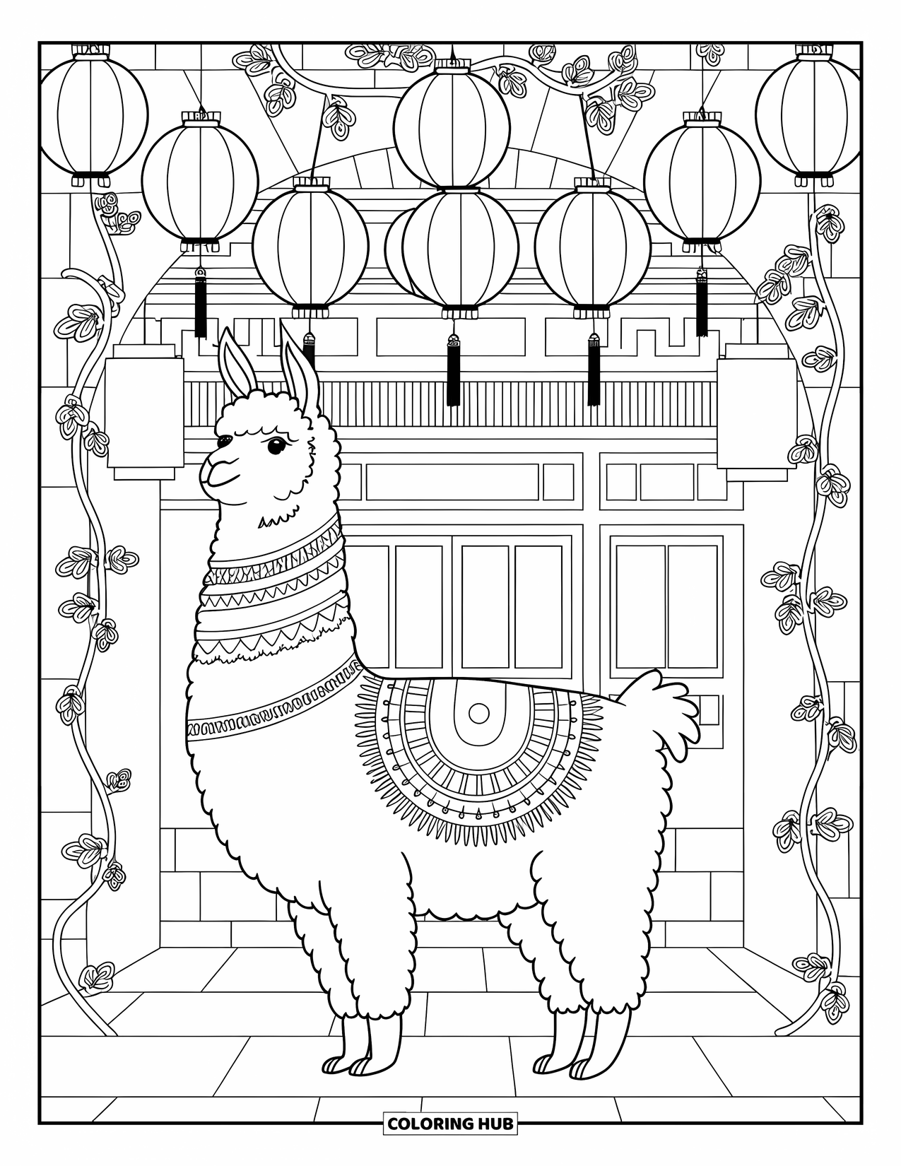 Llama Coloring Page for Adults: A llama stands under hanging lanterns and vines in a calm, decorative setting