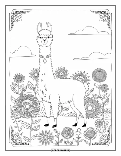 Coloriage de lama pour adultes : Un lama avec un collier se tient paisiblement dans un champ de fleurs en mandala à motifs
