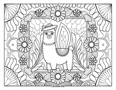 Coloriage de lama pour adultes : Un lama coiffé d'un chapeau sourit depuis le centre d'un cadre floral et ornemental