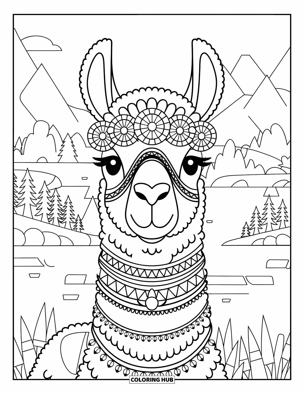 Llama Coloring Page for Adults: A llama with a tribal headdress stands in front of a peaceful mountain scene