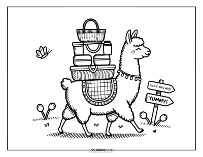 Coloriage de lama pour adultes : Un lama avec des articles de pique-nique trotte près d'un papillon et d'un joli panneau dans le pré