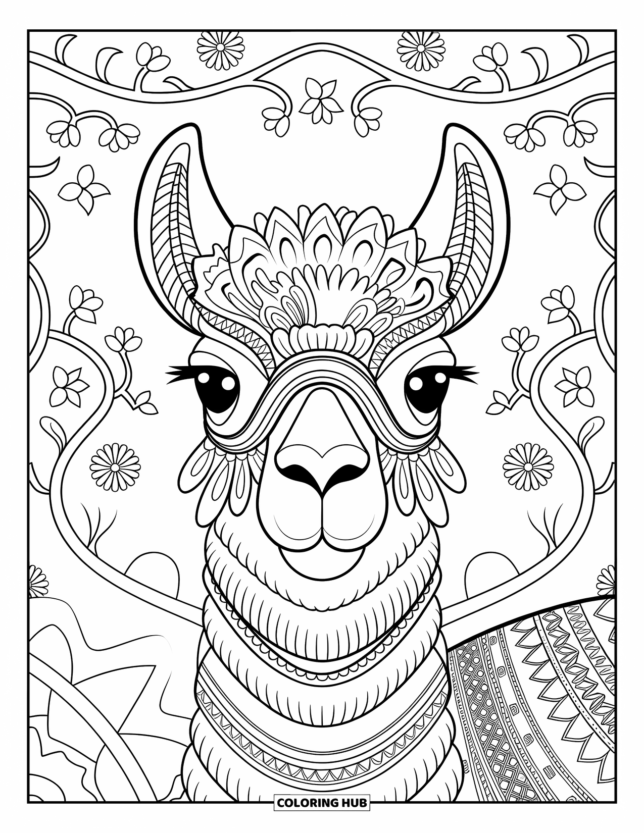 Llama Coloring Page for Adults: A llama's head is decorated with floral and tribal patterns and surrounded by vines