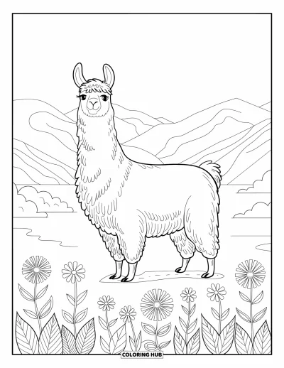 Coloriage de lama pour adultes : Un lama au long cou se tient parmi des fleurs sauvages avec des montagnes et un ciel dégagé en arrière-plan