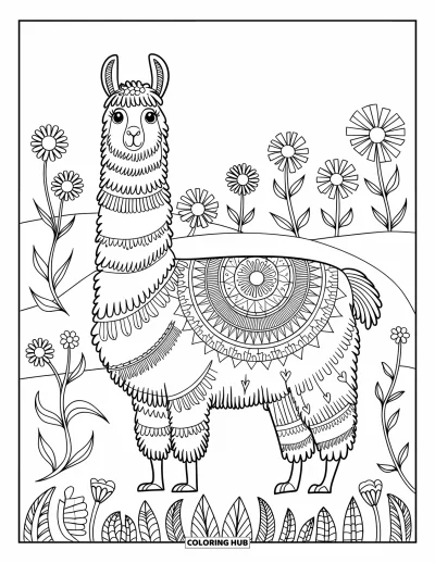 Coloriage de lama pour adultes : Un lama à motifs se tient dans un champ de fleurs sauvages entouré de détaillées fleurs en mandala