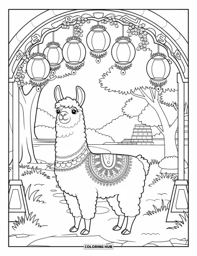 Coloriage de lama pour adultes : Un lama à motifs se tient sous des lanternes et des vignes dans un jardin tranquille
