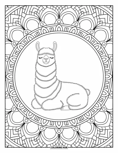 Coloriage de lama pour adultes : Un lama paisible est assis au centre de mandalas détaillés dans un cadre circulaire