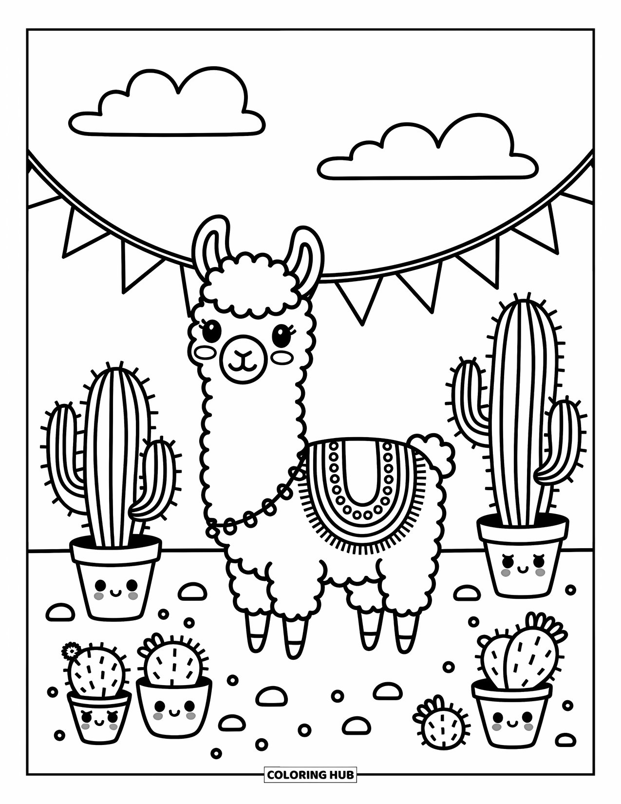 Llama Coloring Page for Adults: A peaceful llama stands among cute cacti, bunting, and soft clouds in a desert nook