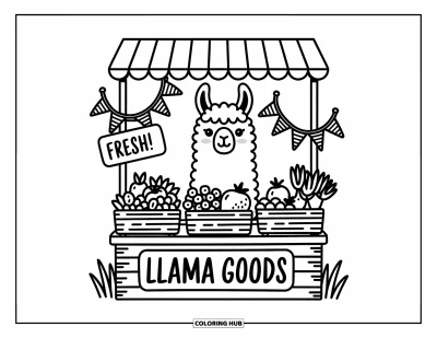 Coloriage de lama pour adultes : Un lama curieux se tient derrière un charmant étal rempli de fruits, de fleurs et de joyeux fanions