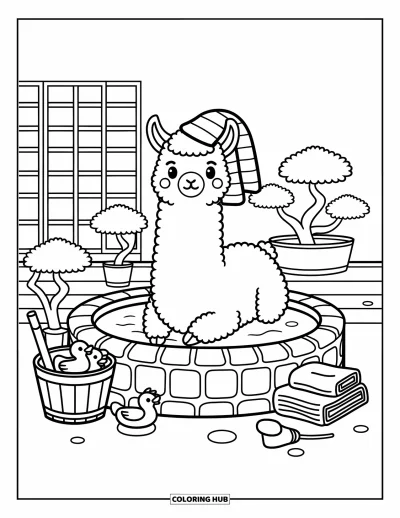 Coloriage de lama pour adultes : Un lama décontracté se prélasse dans une source vaporeuse avec des serviettes, des petits canards et de minuscules bonzaïs