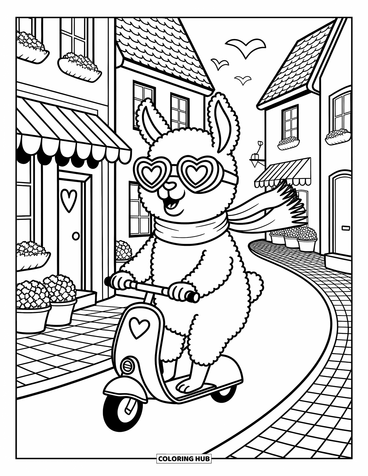 Llama Coloring Page for Adults: A scarf-wearing llama scoots down cobbled streets lined with cozy buildings and plants