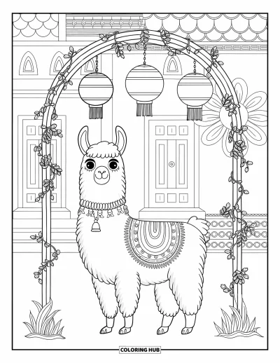 Coloriage de lama pour adultes : Un lama en écharpe avec une clochette se tient sous des lanternes et des motifs floraux