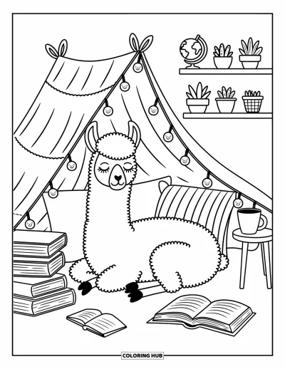Coloriage de lama pour adultes : Un lama somnolent se détend dans un fort rempli de livres avec des coussins, des lumières et une boisson chaude