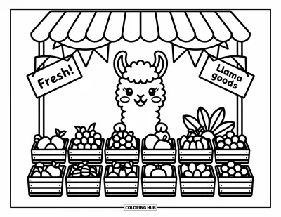 Coloriage de lama pour adultes : Un adorable lama passe la tête hors d'un étal rempli de fruits, de légumes, de fleurs et de panneaux colorés
