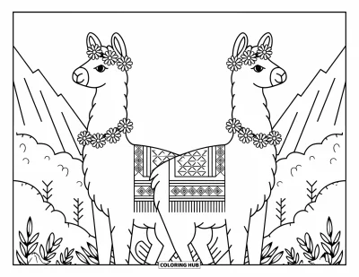 Coloriage de lama pour adultes : Deux lamas en couvertures à motifs se tiennent dos à dos entourés de verdure