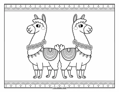 Coloriage de lama pour adultes : Deux lamas avec des guirlandes de fleurs se tiennent dos à dos dans une jolie bordure décorative