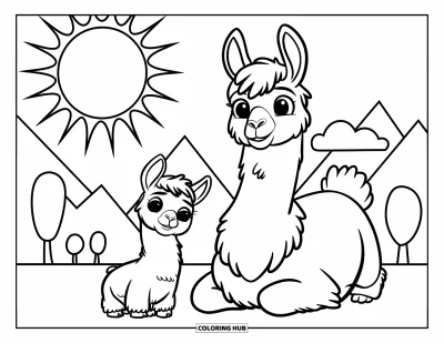 Coloriage de lama pour enfants : Un bébé lama et sa maman se reposent ensemble sous le soleil, près des arbres